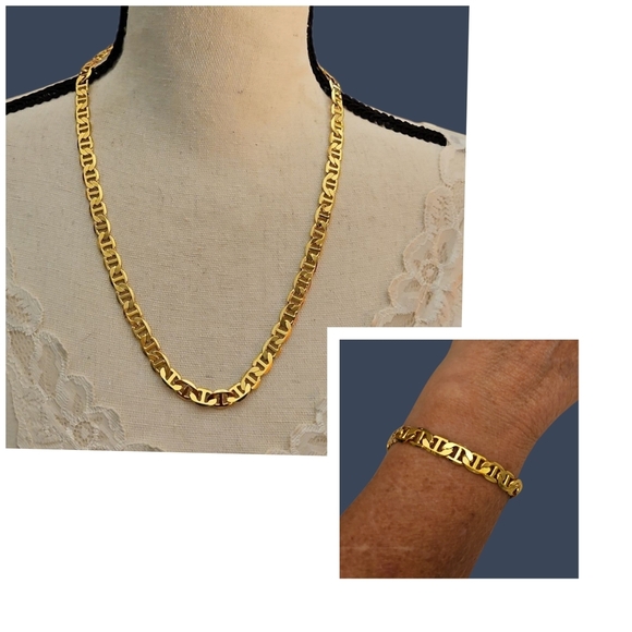 14k Gold Plated Mariner Chain Necklace and Bracelet Set - Picture 1 of 10
